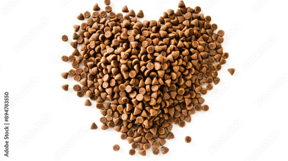 Healthy and balanced cat food pellets arranged in a heart shape on a white background Healthy and balanced cat food pellets arranged in a heart shape on a white background