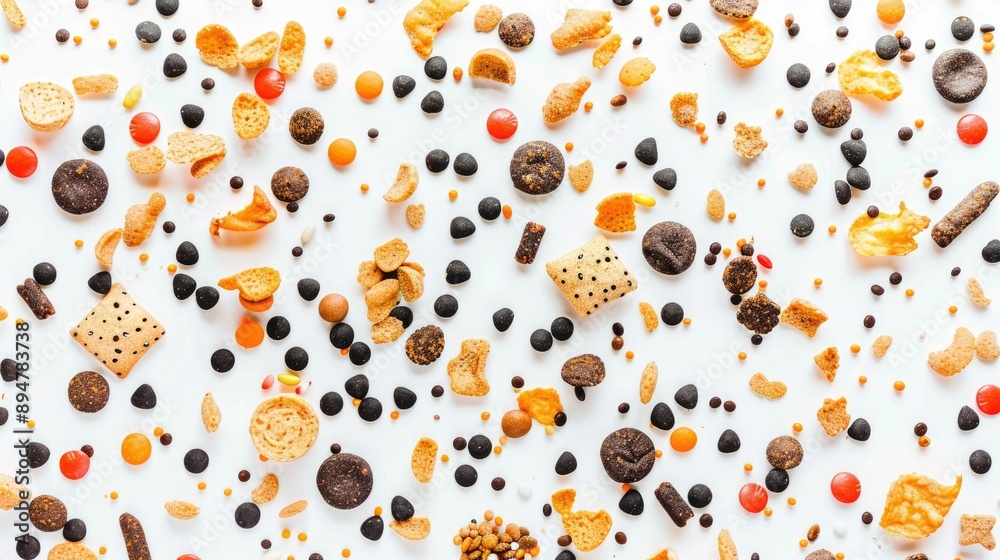 Various cat food treats scattered on a white background, close-up view Various cat food treats scattered on a white background, close-up view