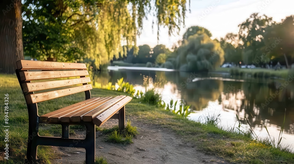 A wooden bench is positioned by a serene river at sunset, surrounded by lush nature, providing a peaceful and reflective spot to enjoy the tranquility and beauty of the scene. A wooden bench is positioned by a serene river at sunset, surrounded by lush nature, providing a peaceful and reflective spot to enjoy the tranquility and beauty of the scene.