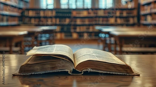 Library, books on table and background for studying, learning and research in education, school or college. Reading, philosophy and open, vintage or history print book, university blurred background