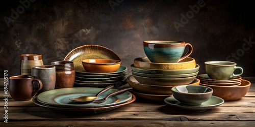 Still life with handmade ceramic dishware on a black background Plates bowls pialas Rustic style Generative By AI photo