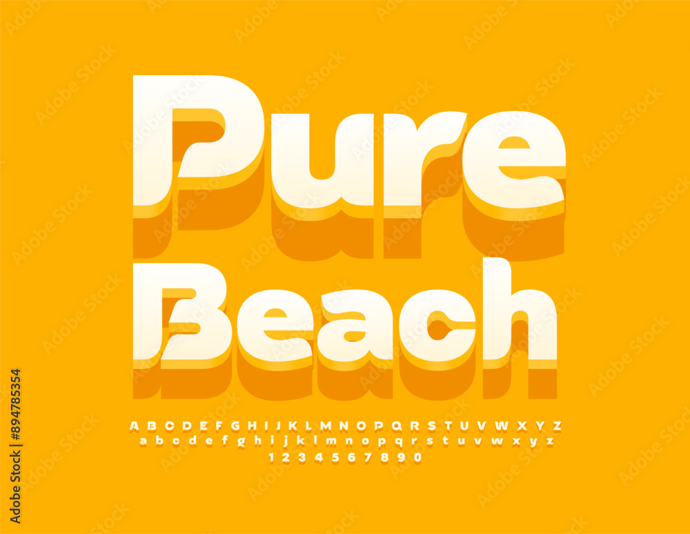 Vector summer emblem Pure Beach. Creative Sunny Font. Decorative Alphabet Letters and Numbers.