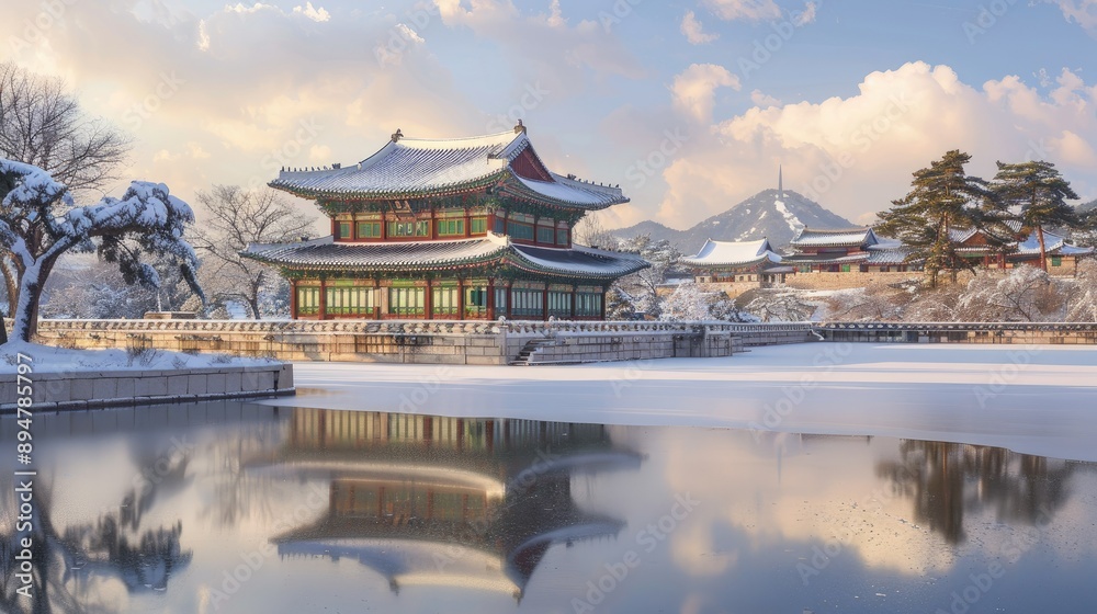 A panoramic view of Gyeongbokgung Palace blanketed in snow, highlighting its timeless beauty. A panoramic view of Gyeongbokgung Palace blanketed in snow, highlighting its timeless beauty.