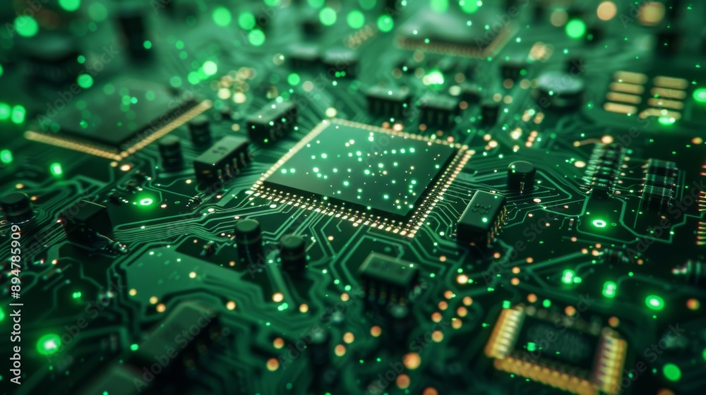 Obraz premium Green Circuit Board with Glowing Lights
