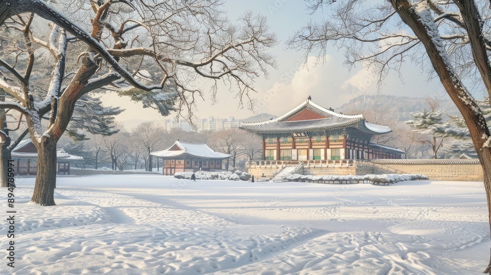 Obraz premium A peaceful winter day at Gyeongbokgung Palace, with snow blanketing the ancient grounds.