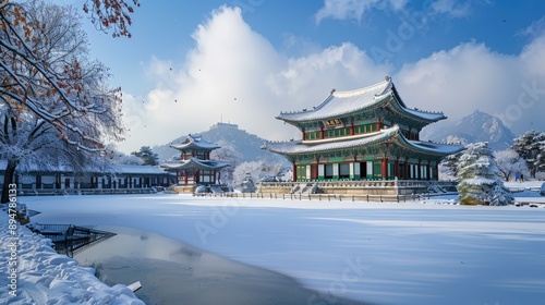 Wallpaper Mural A quiet winter morning at Gyeongbokgung Palace, with snow gently falling on its historic structures. Torontodigital.ca