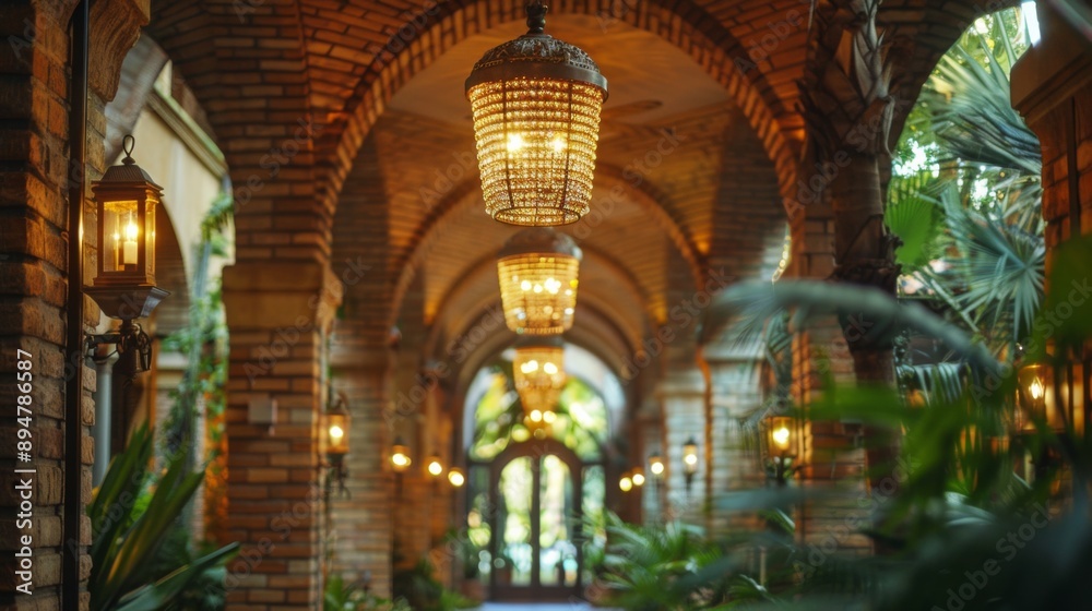 Obraz premium Ornate Brick Hallway with Chandeliers