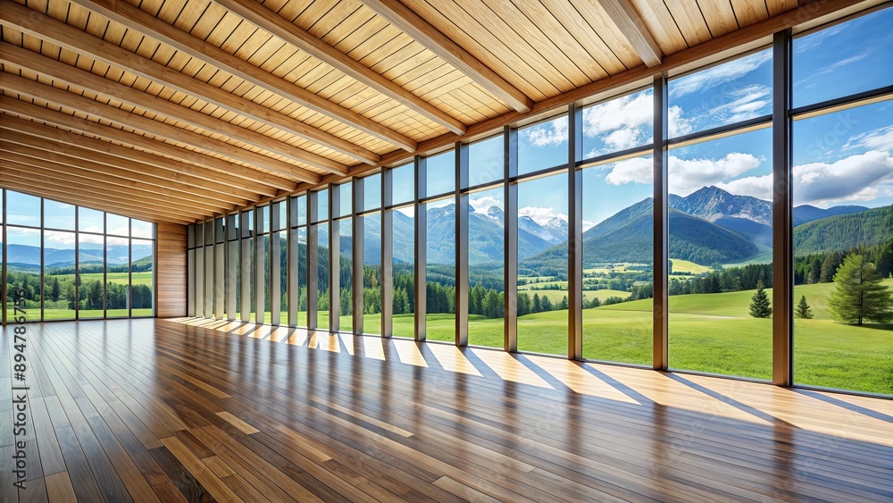 Modern wooden hall with large windows overlooking a meadow and mountains, wood, hall, large windows, meadow Modern wooden hall with large windows overlooking a meadow and mountains, wood, hall, large windows, meadow