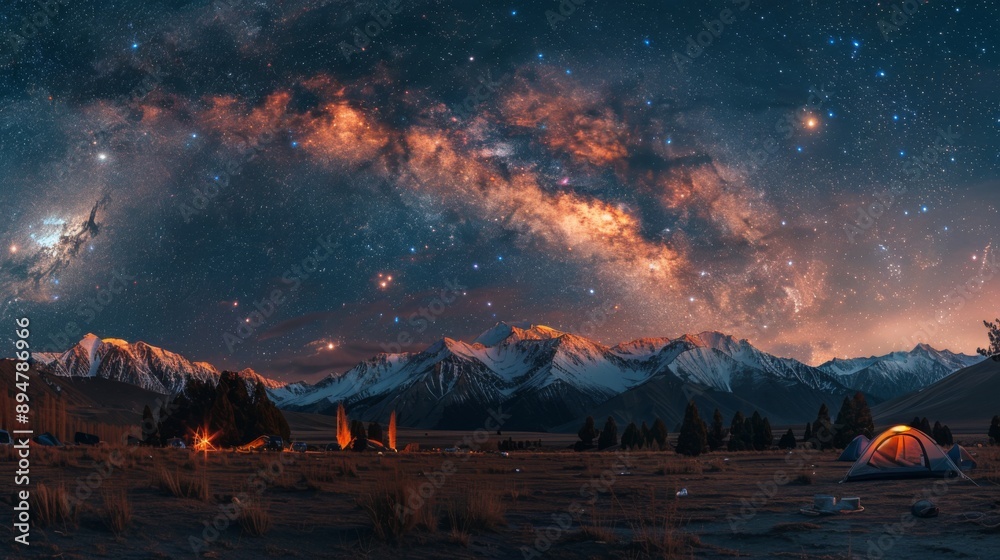 Fototapeta premium Starry Night Above Mountain Campsite