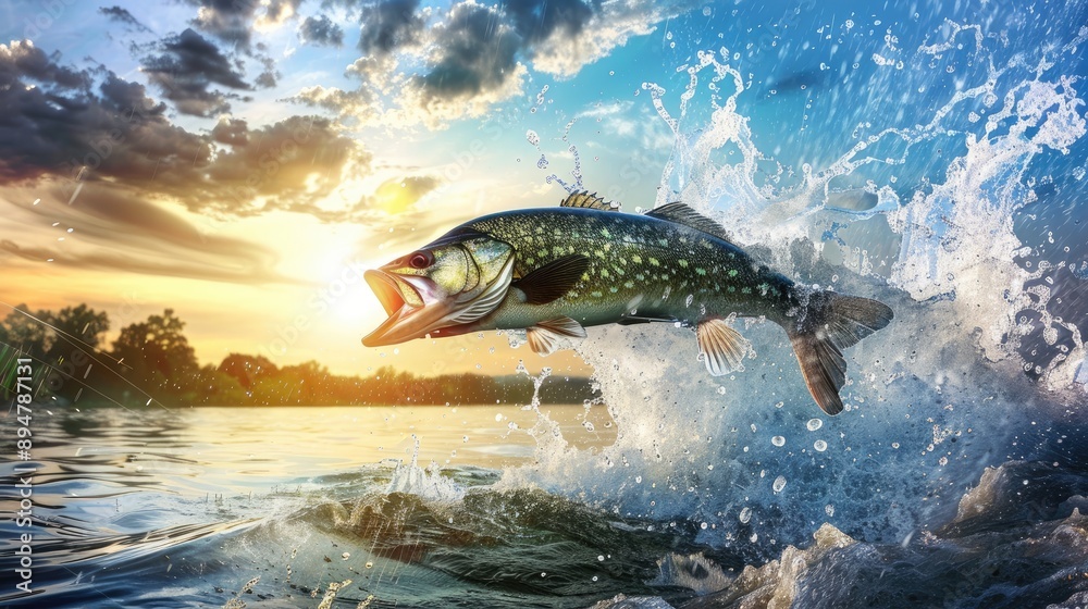 Obraz premium Fish leaping over the lake water, creating splashes against a scenic sky background, highlighting the excitement of fishing
