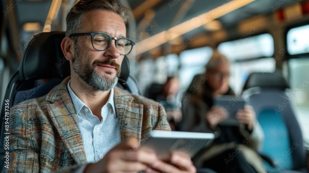 Obraz premium Man Using Smartphone on Public Transport