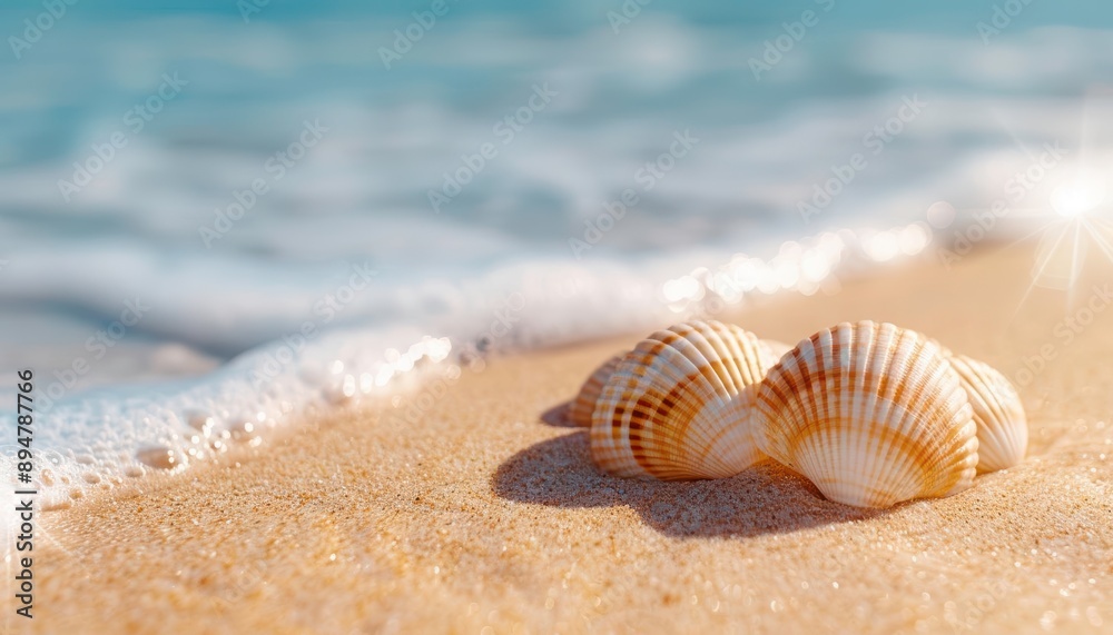 Close-up of beautiful seashells resting on a sandy beach, with gentle waves lapping in the background under a sunny sky.
