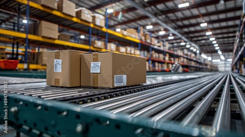 Warehouse Interior with Conveyor Belt and Packages