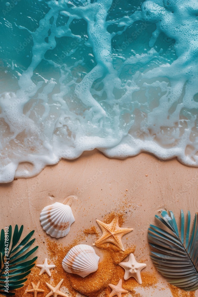 Foamy ocean waves crashing on a sandy beach with seashells and starfish Foamy ocean waves crashing on a sandy beach with seashells and starfish