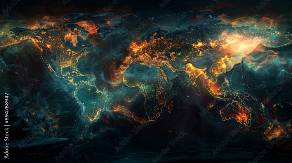 Fototapeta premium Abstract World Map with Glowing Patterns and Colors