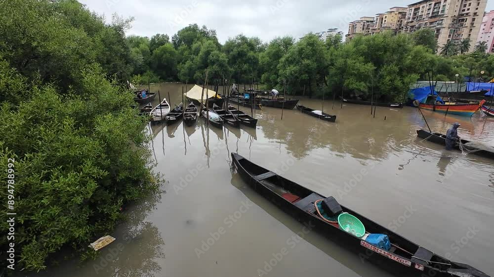 several small boats are docked at sea shore