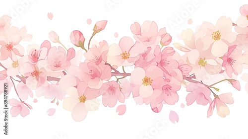 A vector illustration of pink cherry blossoms in watercolor style, arranged vertically to form an elegant pattern on white background.  generated AI