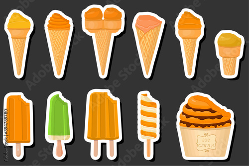 Illustration on theme big kit ice cream popsicle different types in cone waffle cup