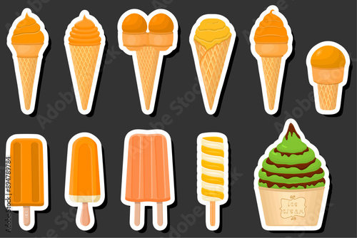 Illustration on theme big kit ice cream popsicle different types in cone waffle cup