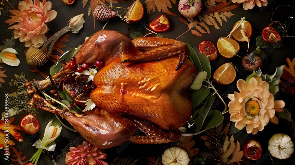 A roasted turkey surrounded by autumnal elements, ready for a festive meal. A roasted turkey surrounded by autumnal elements, ready for a festive meal.