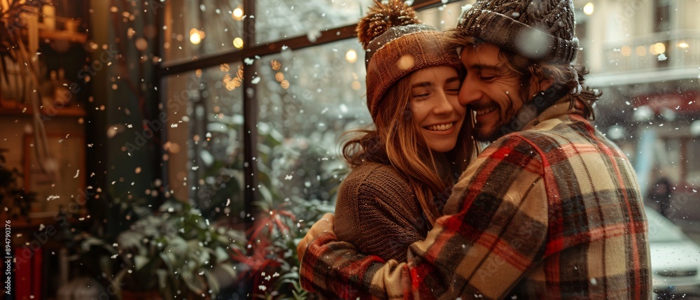 Couple by window on rainy day. Couple by window on rainy day.