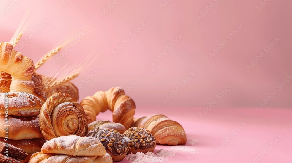 Obraz premium Delicious bakery display with various pastries and breads, set against a pastel background with space for text or branding
