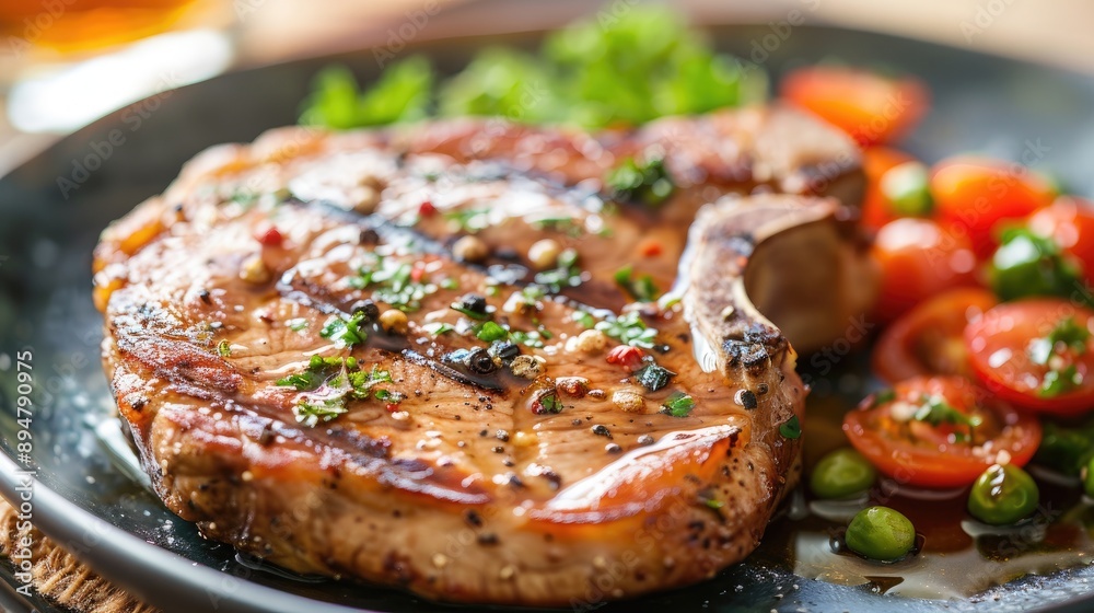 Delicious pork chop steak on a plate, showcasing a close-up of this popular international food concept - Delicious pork chop steak on a plate, showcasing a close-up of this popular international food concept -