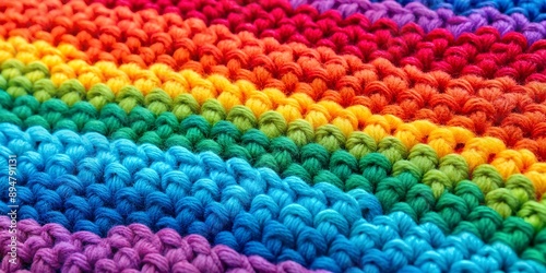 Close up of a vibrant handcrafted crochet fabric with a rainbow color gradient AI-Generated Content