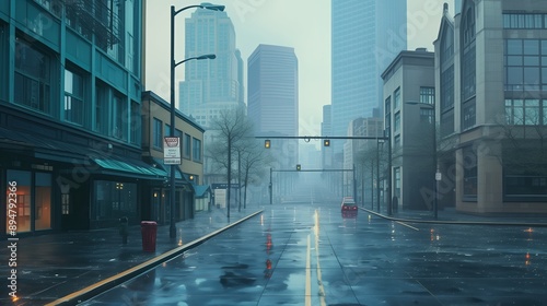 photorealistic seattle downtown street view in foggy overcast conditions with a gray sky and buildings in the background depicted in gray tones. generated AI
