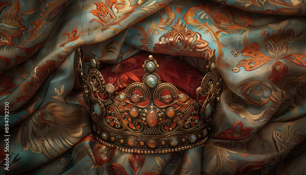 Golden Crown Adorned with Jewels and Set Upon Silk Fabric Golden Crown Adorned with Jewels and Set Upon Silk Fabric