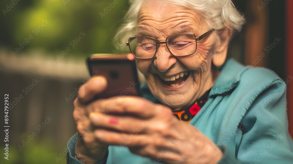 Elderly woman laughs while looking at her phone. Elderly woman laughs while looking at her phone.