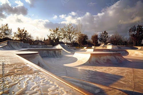 A vibrant skatepark showcasing smooth ramps under a dramatic sky, ideal for skateboarding and outdoor activities.
