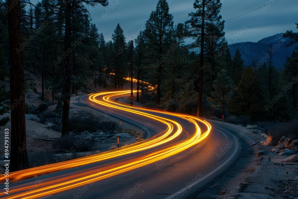 Naklejka premium A winding road illuminated by streaks of car lights, surrounded by towering trees and a serene twilight atmosphere.