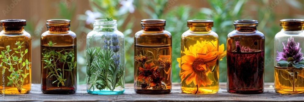 Medicinal Tincture: Alternative Healthy Medicine from Herbs in Bottles with Selective Focus Medicinal Tincture: Alternative Healthy Medicine from Herbs in Bottles with Selective Focus