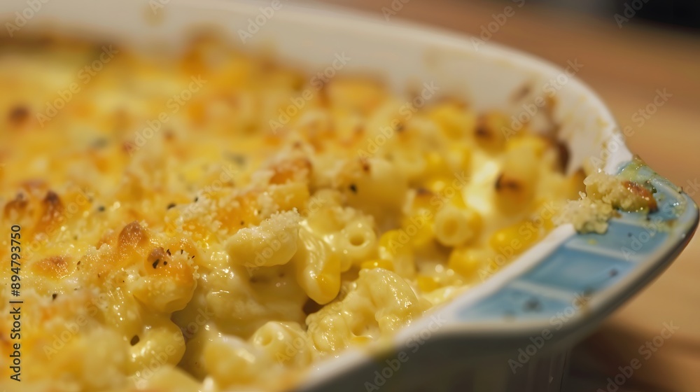 Close-up of a cheesy macaroni and corn casserole. Close-up of a cheesy macaroni and corn casserole.