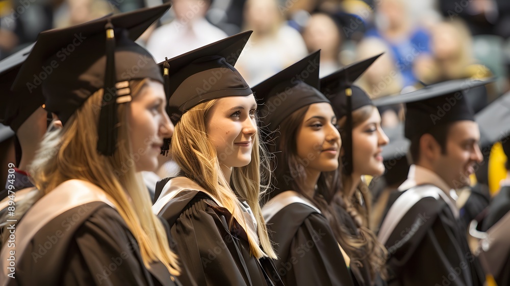 Smiling graduates in caps and gowns at a ceremony Smiling graduates in caps and gowns at a ceremony