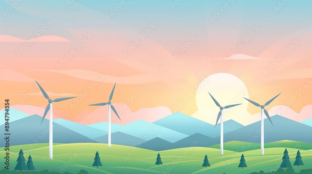 Fototapeta premium Wind farm conservation, reducing carbon footprint, flat design illustration