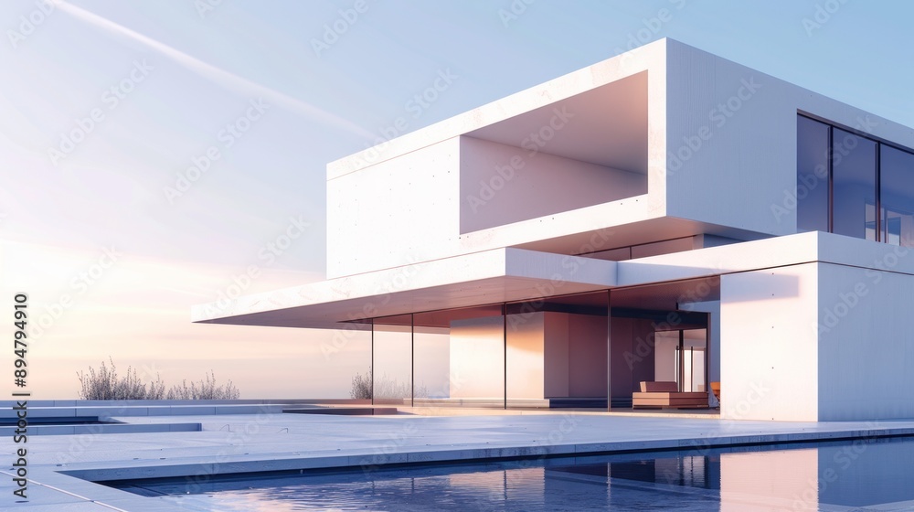 Create a prompt for a photo realistic image of a Bauhaus style residence with cubic forms, flat roof terrace, and minimalist design. Create a prompt for a photo realistic image of a Bauhaus style residence with cubic forms, flat roof terrace, and minimalist design.