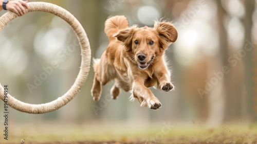 Energetic Dog Jumping Through Hoop in Canine Freestyle Sport Competition