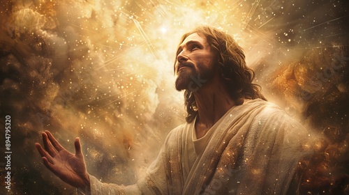 Portrait of lord jesus christ with smiling face and spreading his hands