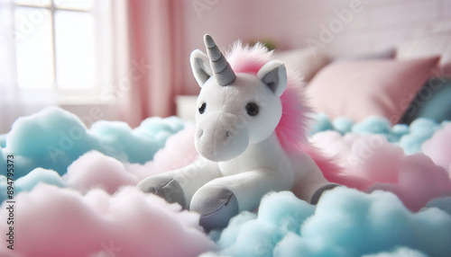 Plush unicorn toy nestled in pastel clouds photo