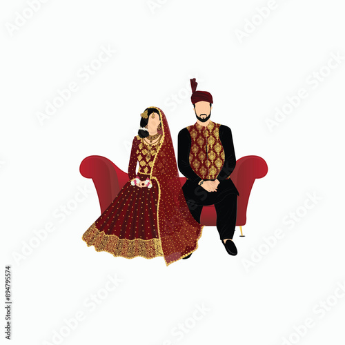 Happy Indian Wedding Couple Character Sit on Sofa in Traditional Attire. Islam newlyweds flat color vector illustration. Bride and groom on sofa. Vector cute indian couple cartoon in traditional dress