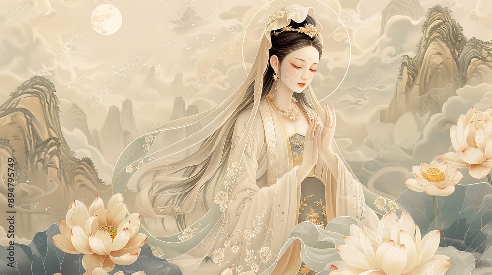 custom made wallpaper toronto digitalGuanyin Buddhist goddess of mercy meditate illustration