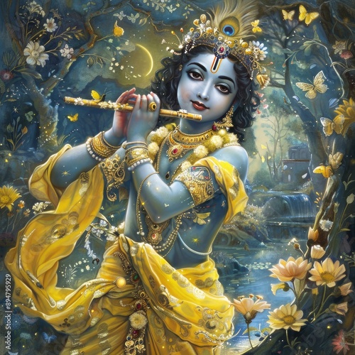 Illustration of little god krishna holding his flute a vibrant image