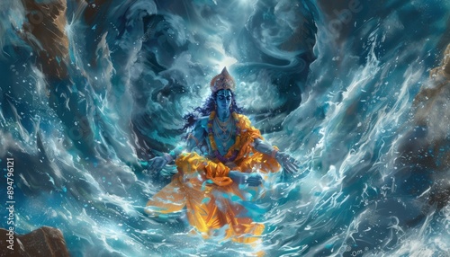 An Illustration of indian god vishnu in the water thunder