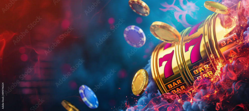 Fototapeta premium Golden slot machine with big win with fire effect, online slot game banner, Illustration