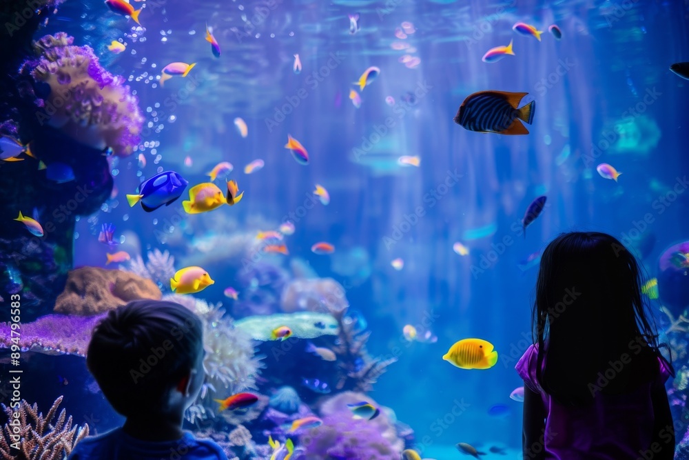 Obraz premium Children watching fish in aquarium.