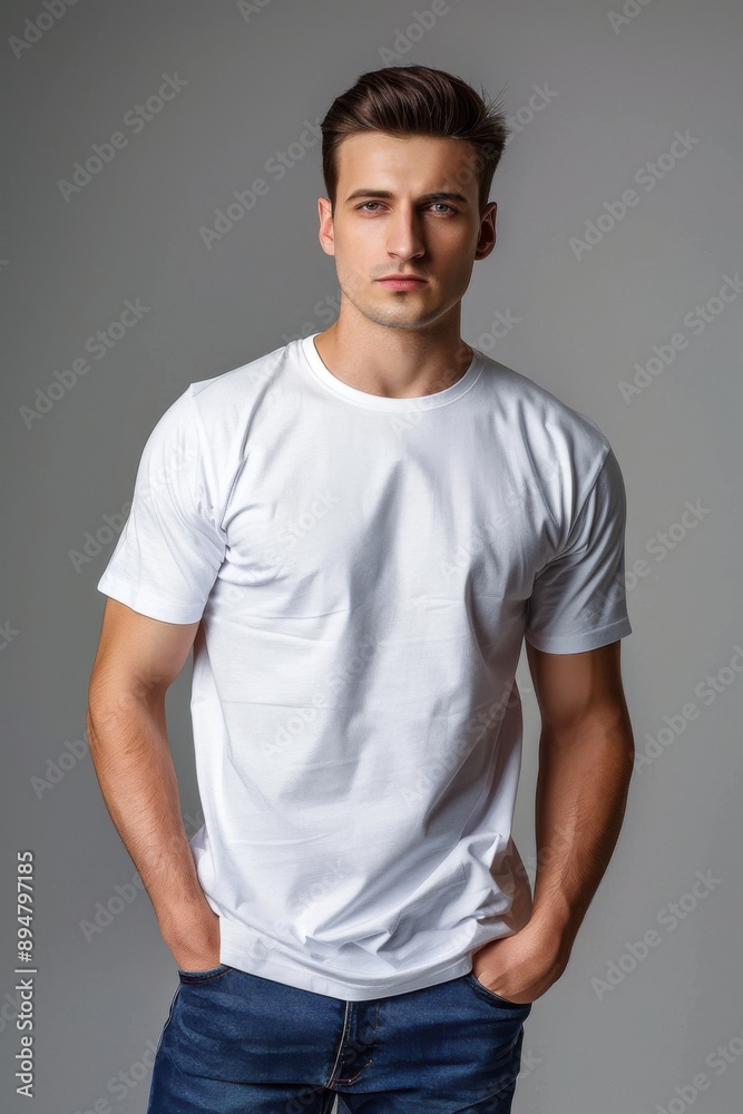 Fototapeta premium Young man wearing white blank t-shirt and blue jeans against gray background