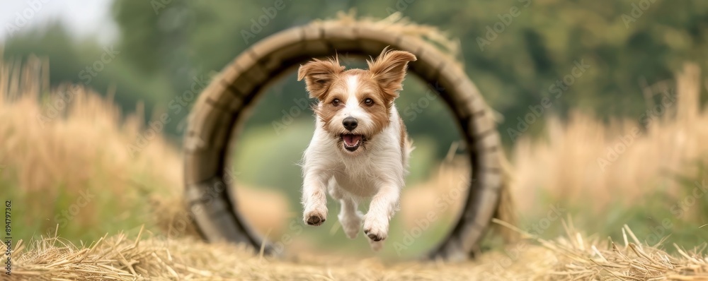 Dog Performing Canine Freestyle Sport in Dynamic Low Angle Shot Dog Performing Canine Freestyle Sport in Dynamic Low Angle Shot