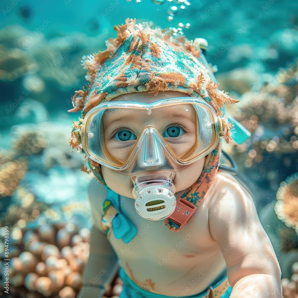 A photograph of a baby, scuba diving, sea, coral, close-up, 16:9 A photograph of a baby, scuba diving, sea, coral, close-up, 16:9